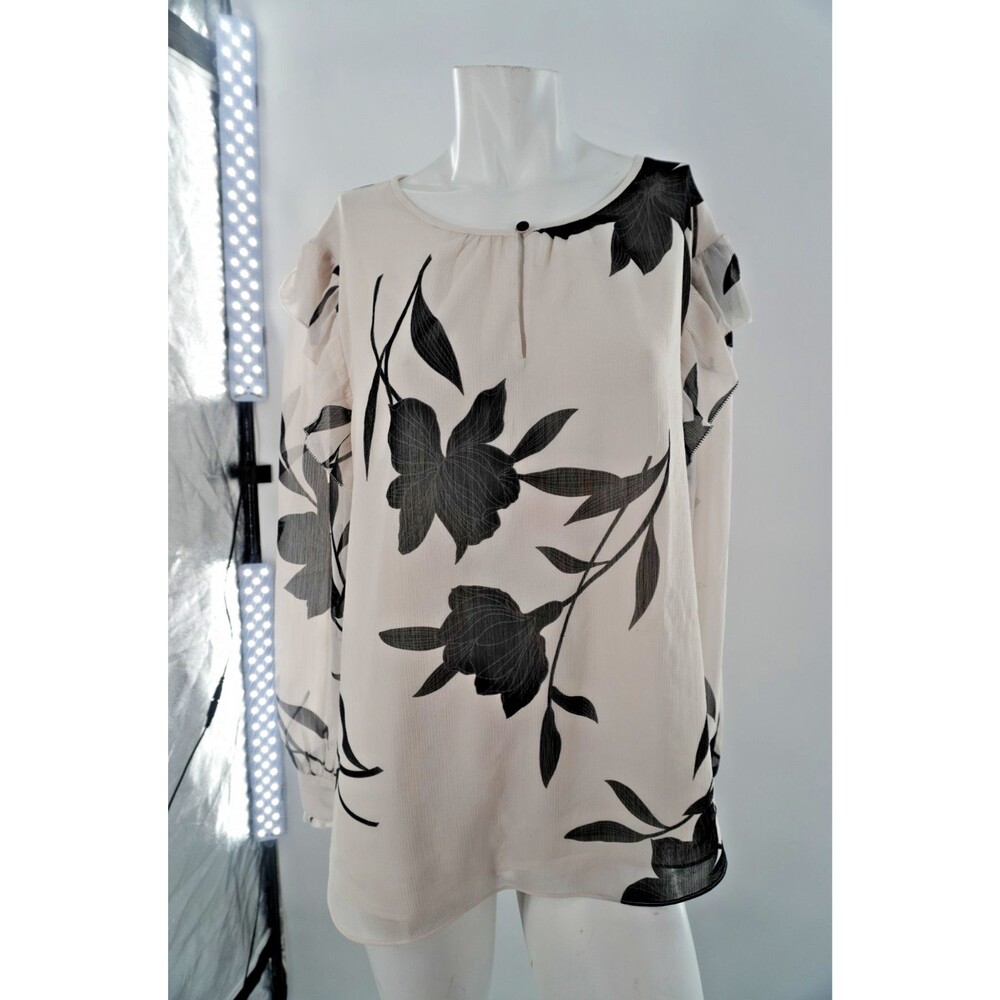 Ann Taylor Floral Chiffon Blouse Neutral Cream & Black Bold Flower Print Sz XXL